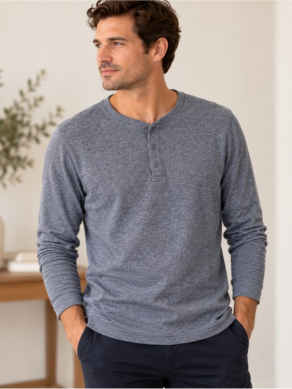 Banana Republic Men’s Pima Cotton Henley Heather Gray Long Sleeve | Casual M